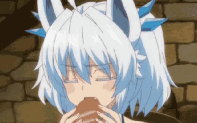 a girl with white hair and blue horns is eating a sandwich