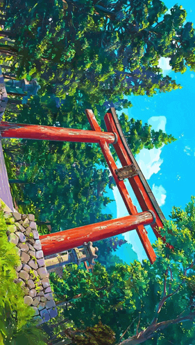 a painting of a red torii gate in the woods