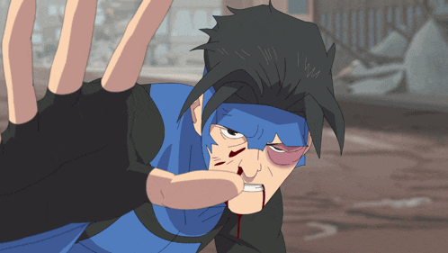 a cartoon drawing of a man with a blue mask and blood on his face