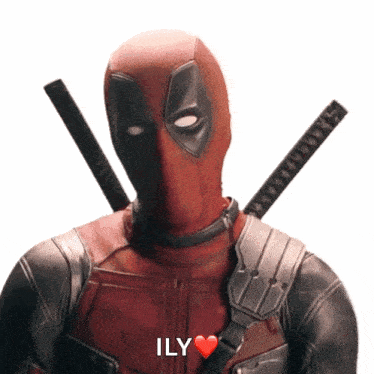 a deadpool with two swords behind his back says ily with a heart
