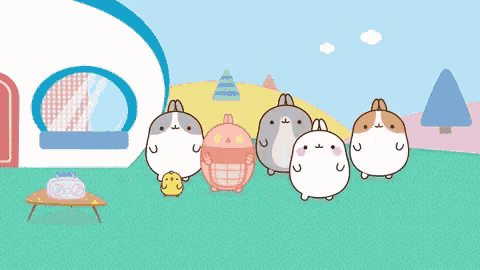 a group of cartoon characters are standing in a field