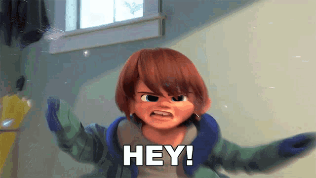 a boy in a green jacket says hey