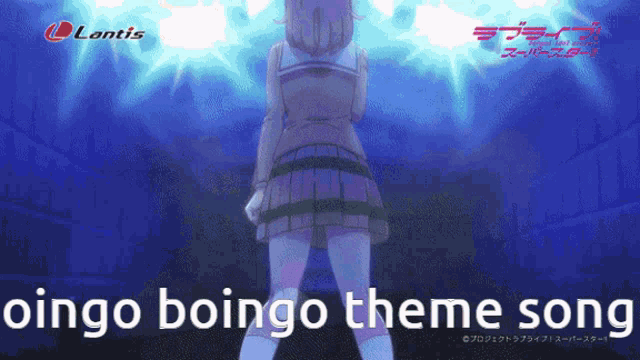 a picture of a girl with the words oingo boingo theme song above her