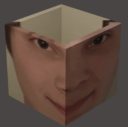a cube with a reflection of a face on it