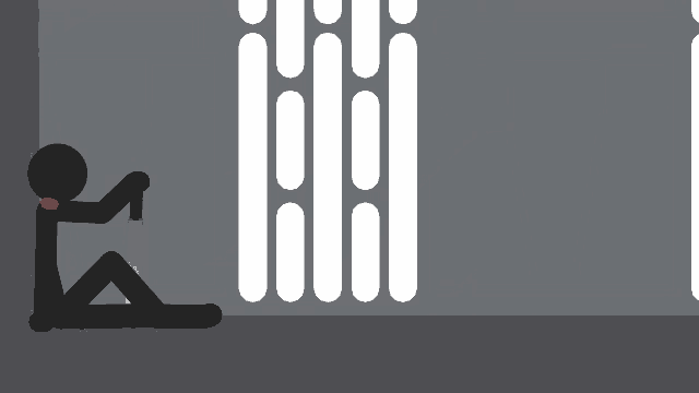 a stick figure is kneeling down in front of a window with white lines