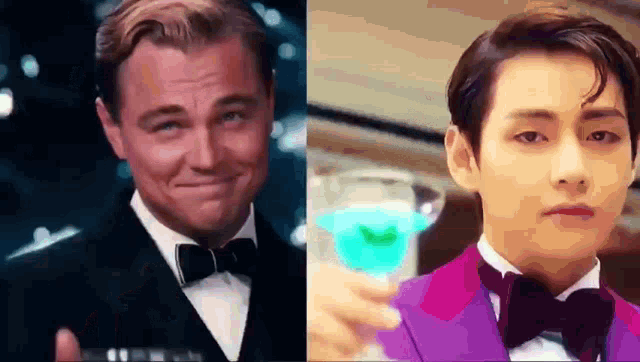 a man in a tuxedo is smiling next to a man in a purple tuxedo holding a glass of water .