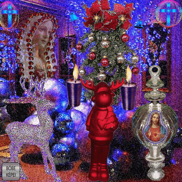 a painting of a christmas scene with a button that says bobe kepi