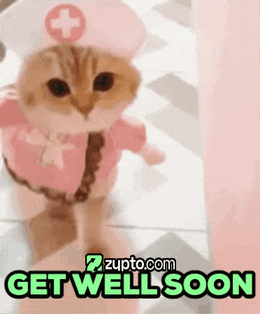 a cat dressed as a nurse with the words " get well soon " below it