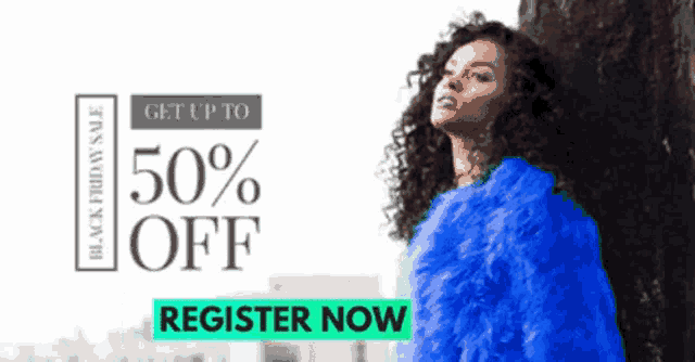 a woman in a blue fur coat is standing next to a tree in front of an advertisement for a black friday sale .