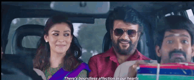 a group of people are sitting in a car with a quote that says `` there 's boundless affection in our hearts ''