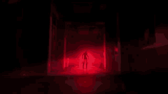 a silhouette of a person standing in a dark hallway with red lights .