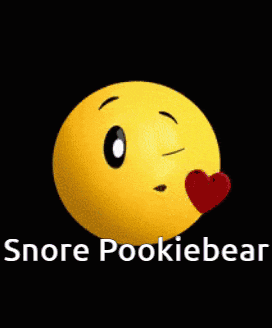 a yellow smiley face with a red heart and the words " snore pookiebear " below it