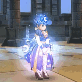 a cartoon character wearing a blue and white dress and a mask