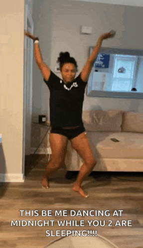 a woman in underwear is dancing in a living room while sleeping .