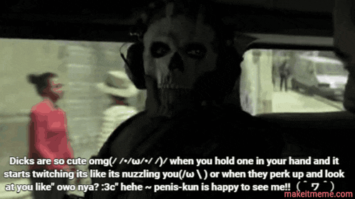 a man in a skull mask is talking to a woman