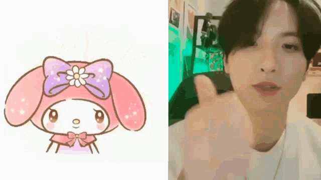 a man is giving a thumbs up next to a drawing of a pink bunny with a bow on its head .