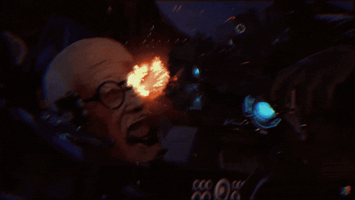 a cartoon of a man with glasses and a fireball in his eye