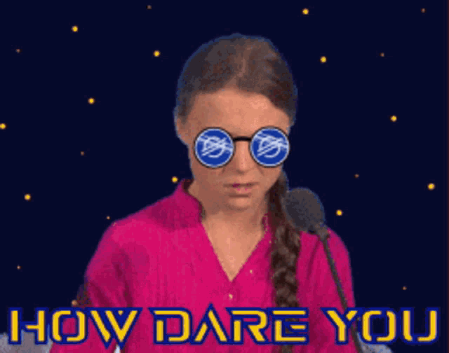 a woman wearing sunglasses stands in front of a microphone with the words " how dare you " above her