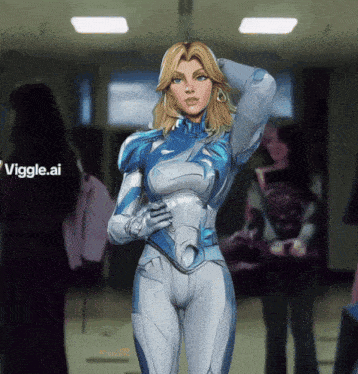a woman in a blue and white suit is standing in a hallway with a viggle.ai logo in the background