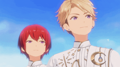 two anime characters standing next to each other with one wearing a necklace with the letter c on it