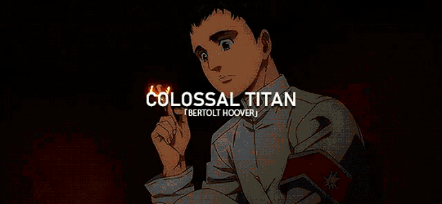 a man in a white shirt is surrounded by lightning and the name colossal titan is written above him .