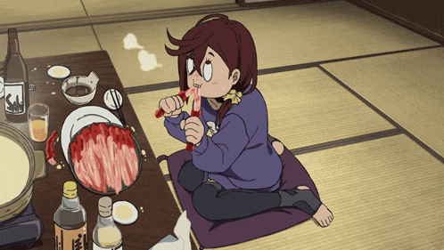 a cartoon of a girl sitting on the floor eating meat