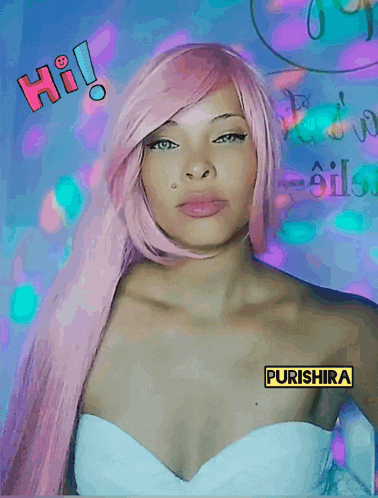 a woman with pink hair has a sticker on her shoulder that says purshira