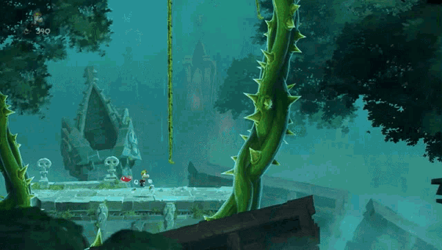 a video game screen shows a character hanging from a vine