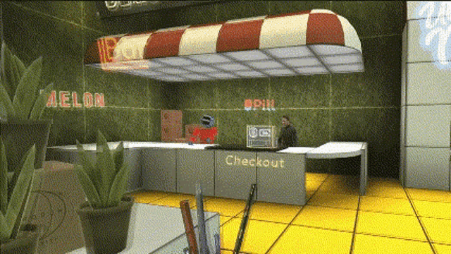 a checkout counter with a red and white awning over it