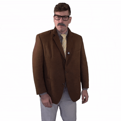 a man with glasses and a mustache is wearing a brown jacket