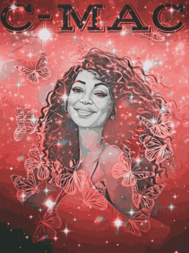 a drawing of a woman surrounded by butterflies with the name c-mac on the bottom