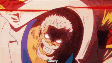 a close up of a cartoon character with the words galaxy written on the bottom