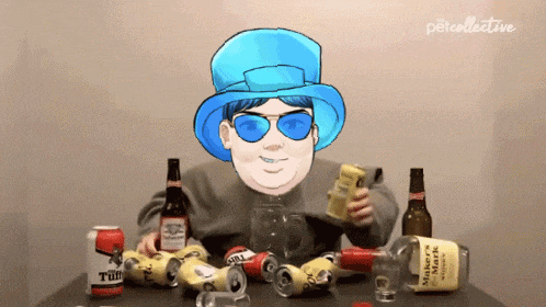 a cartoon of a man wearing a top hat and sunglasses surrounded by bottles and cans