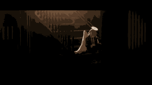 a person with angel wings and a halo on their head sits in a dark room