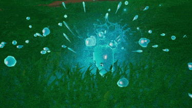 a blue object is surrounded by bubbles in a field