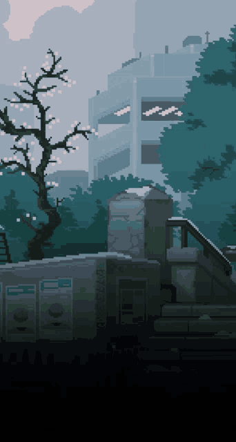 a pixel art drawing of a building with a sign that says dumpster on it