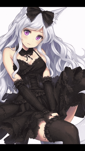 a girl with white hair and purple eyes wears a black dress