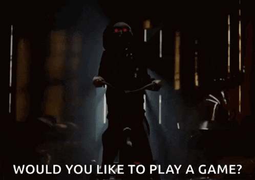 a silhouette of a person riding a bike with the words " would you like to play a game " on the bottom