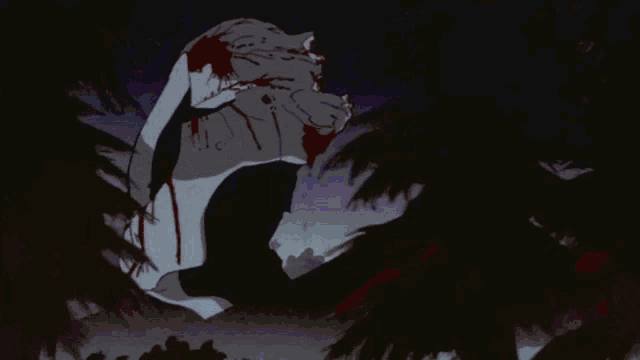 a cartoon character is being eaten by a monster in a dark forest .