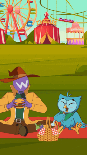 a cartoon drawing of a man and an owl having a picnic in front of a ferris wheel