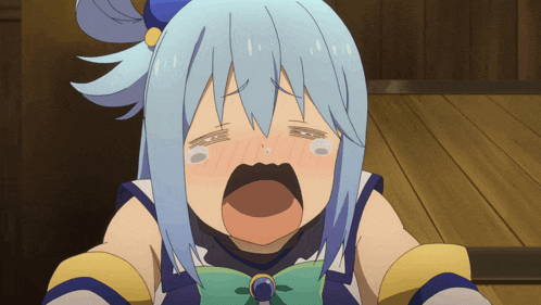 a girl with blue hair and a bow on her head is crying