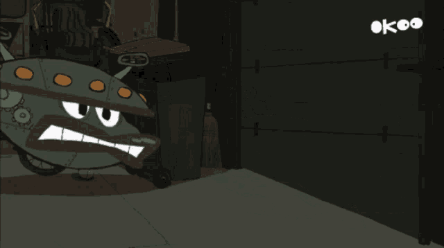a cartoon drawing of a robot with a big smile and the letters okoo on the bottom