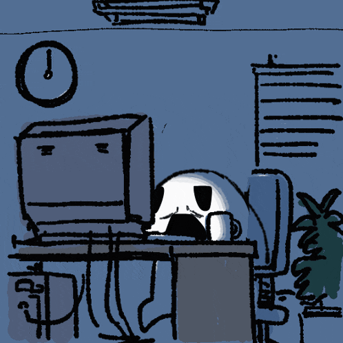 a drawing of a person sitting at a desk with a clock above them