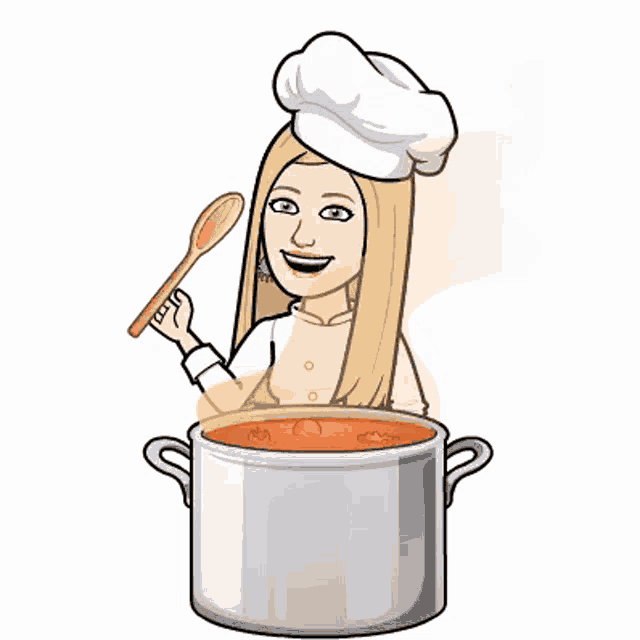 a woman in a chef 's hat is stirring a pot of soup with a wooden spoon