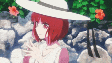 a girl with red hair wearing a white hat and a white dress