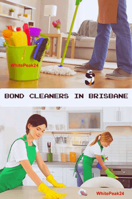 a poster for bond cleaners in brisbane shows two women cleaning a kitchen
