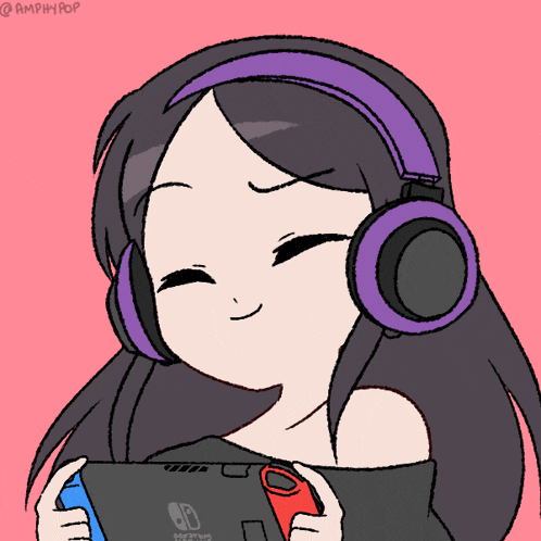 a cartoon of a girl wearing headphones holding a nintendo switch