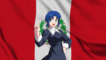 a girl with blue hair stands in front of a peruvian flag