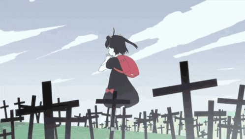 a girl with a red backpack is walking through a cemetery of crosses