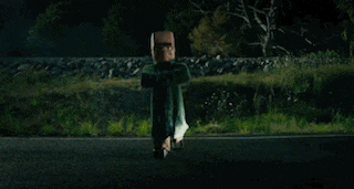 a car is driving down a road at night with a bird flying overhead .